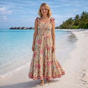 House of Harlow 1960 Dress Smocked Maxi Large Floral Flutter Cottagecore Prairie